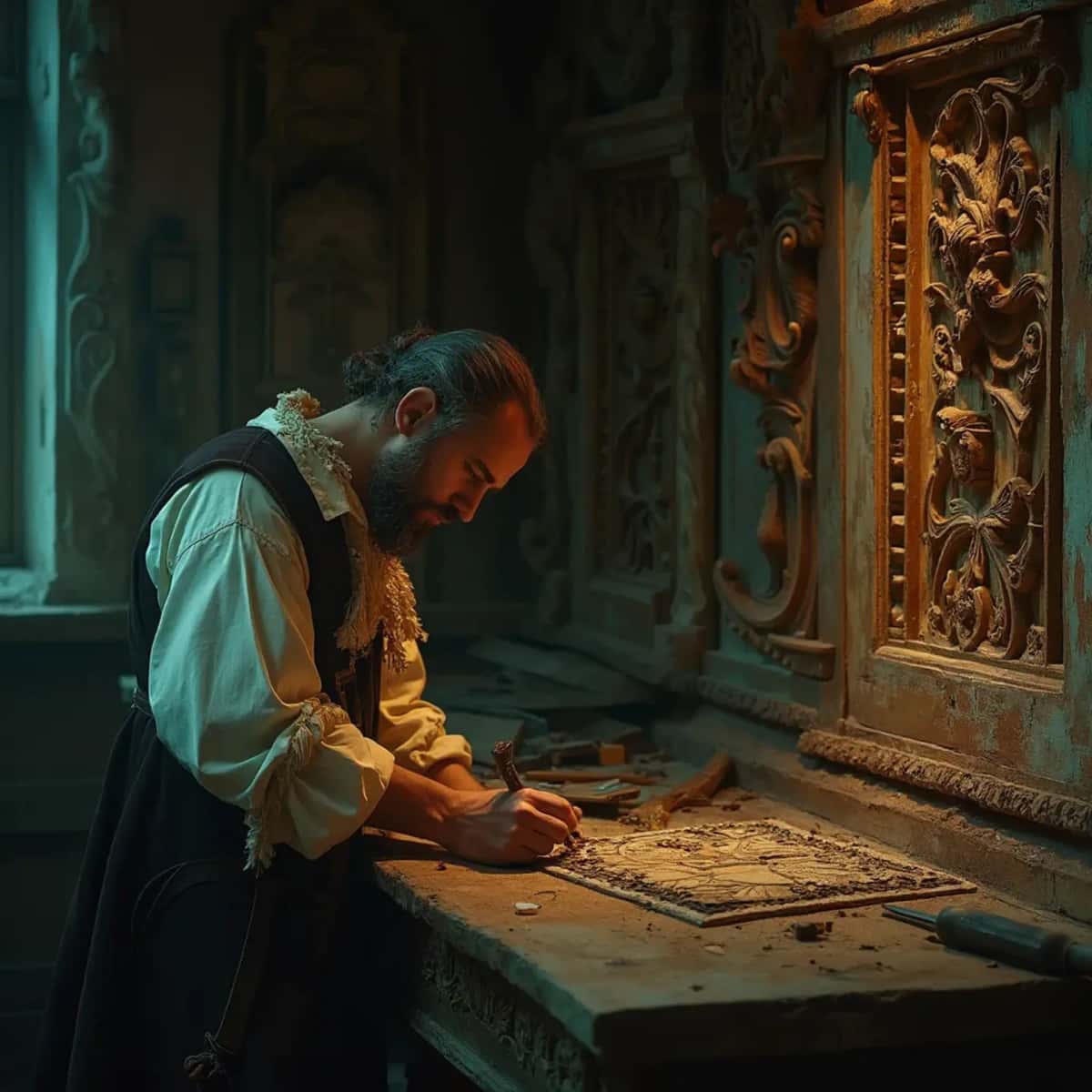 WOODCARVING LESSONS: Woodcarver Grabovetskiy, a man with a beard, holds a sign that says "What wood is the best for carving?" He looks thoughtful. Carving tools are on the table in front of him. - Wood Carving tutorials