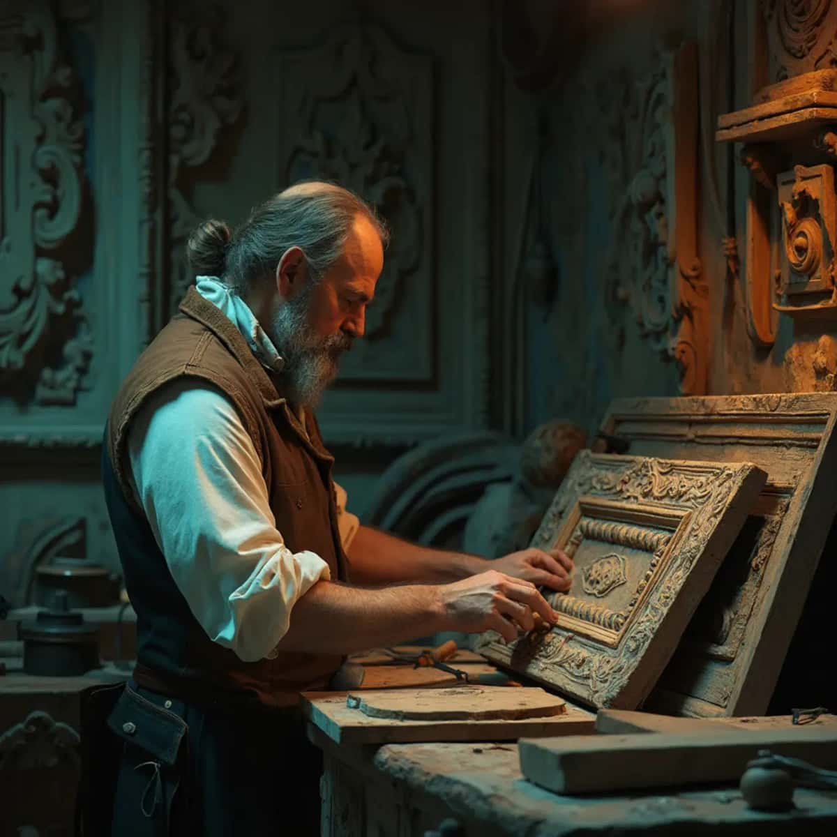 WOODCARVING LESSONS: Woodcarver Grabovetskiy, a man with a beard, holds a sign that says "What wood is the best for carving?" He looks thoughtful. Carving tools are on the table in front of him. - Wood Carving tutorials