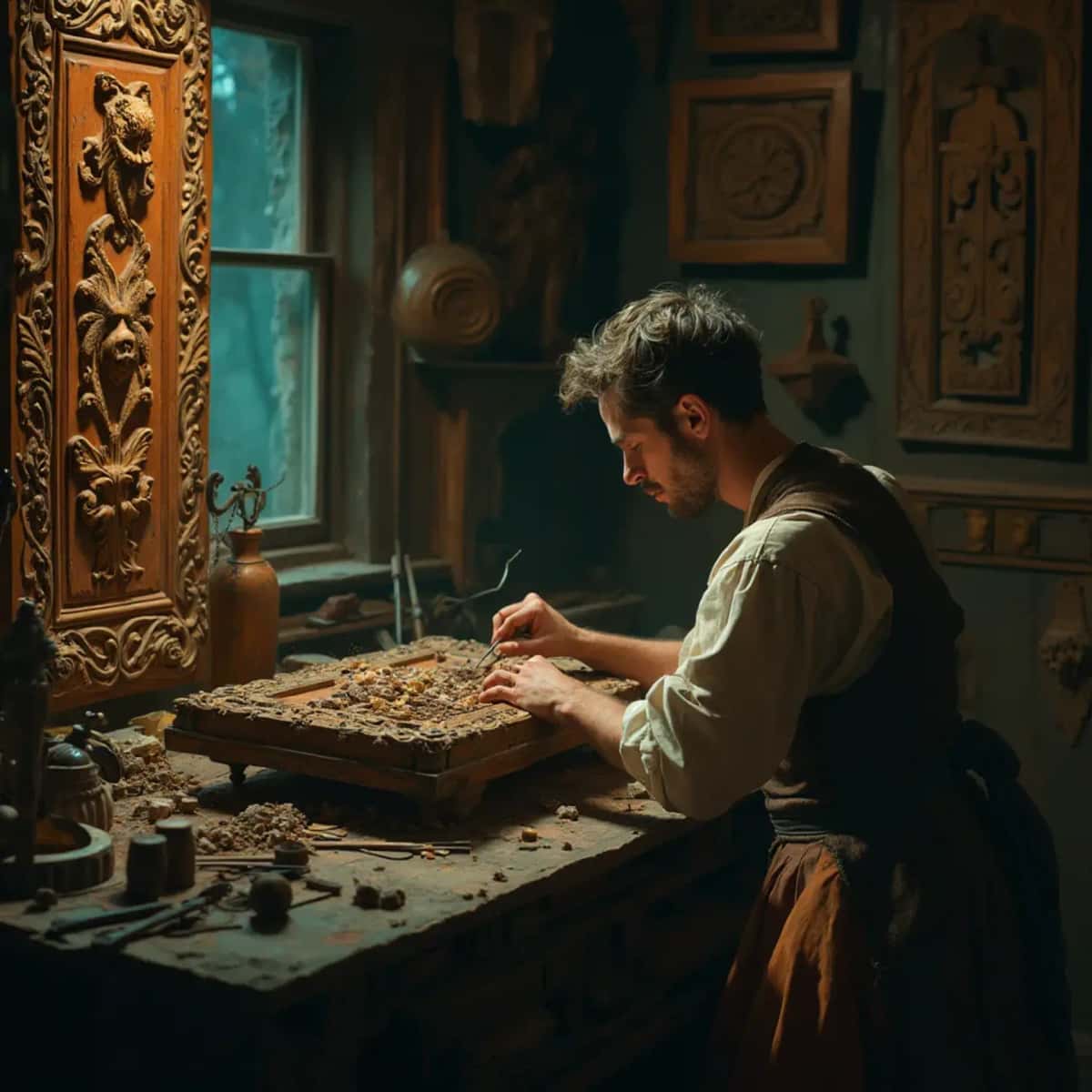 WOODCARVING LESSONS: Woodcarver Grabovetskiy, a man with a beard