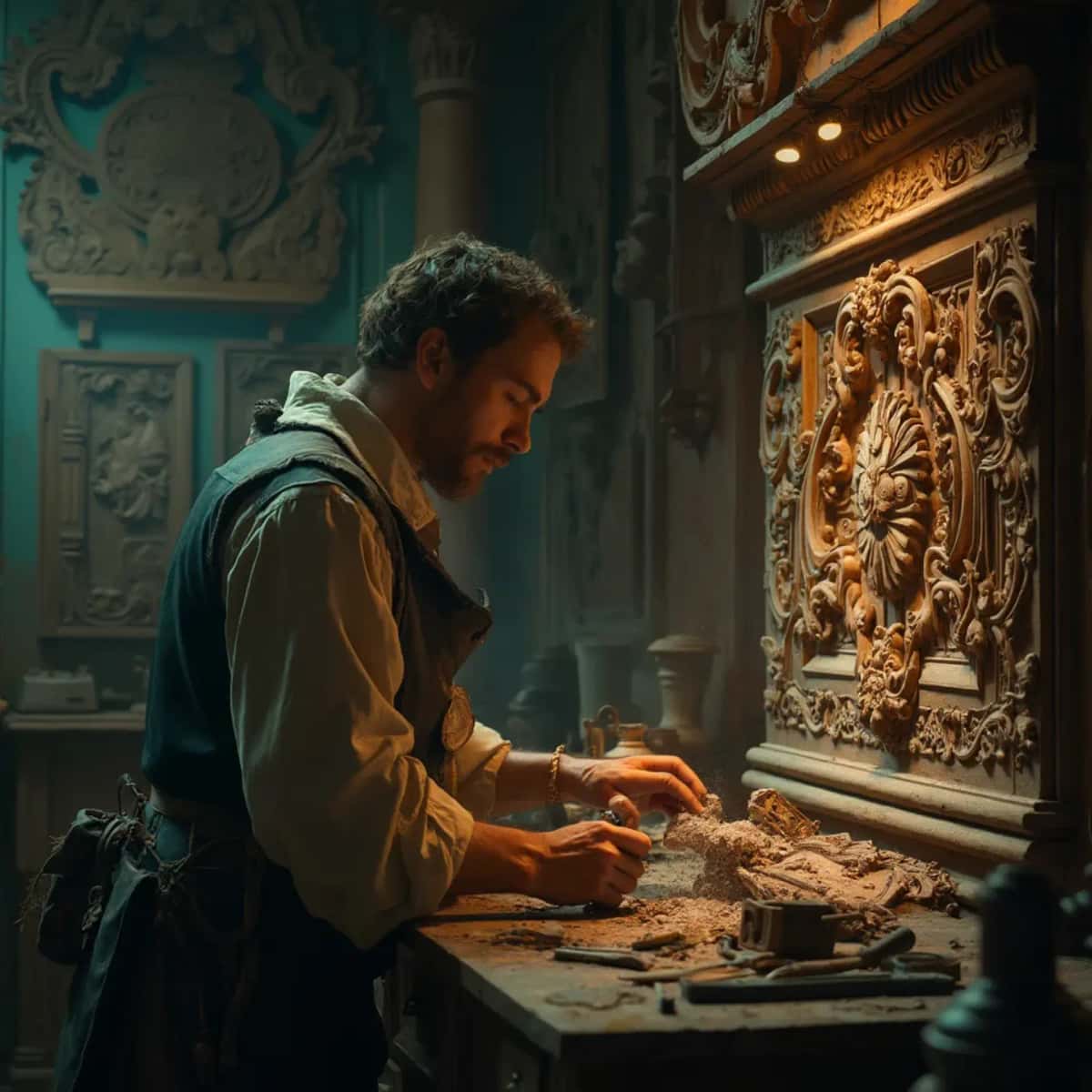 WOODCARVING LESSONS: Woodcarver Grabovetskiy, a man with a beard, holds a sign that says "What wood is the best for carving?" He looks thoughtful. Carving tools are on the table in front of him. - Wood Carving tutorials