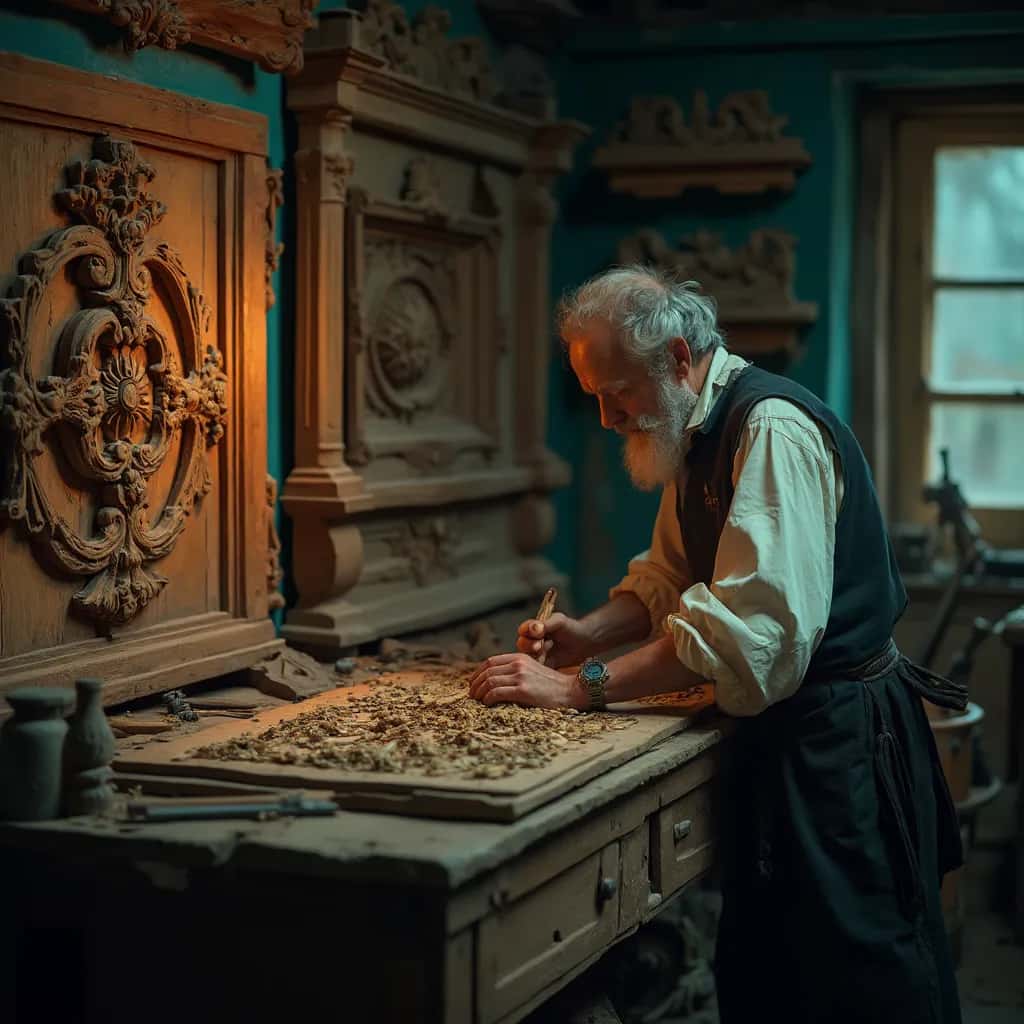 WOODCARVING LESSONS: Woodcarver Grabovetskiy, a man with a beard, holds a sign that says "What wood is the best for carving?" He looks thoughtful. Carving tools are on the table in front of him. - Wood Carving tutorials