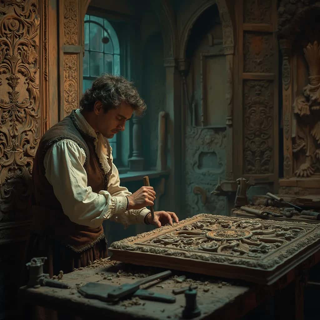 WOODCARVING LESSONS: Woodcarver Grabovetskiy, a man with a beard, holds a sign that says "What wood is the best for carving?" He looks thoughtful. Carving tools are on the table in front of him. - Wood Carving tutorials