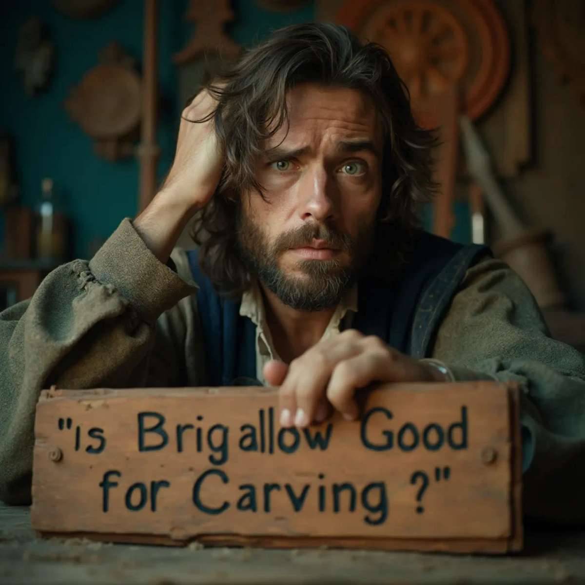 WOODCARVING LESSONS: Woodcarver Grabovetskiy, a man with a beard, holds a sign that says "What wood is the best for carving?" He looks thoughtful. Carving tools are on the table in front of him. - Wood Carving tutorials