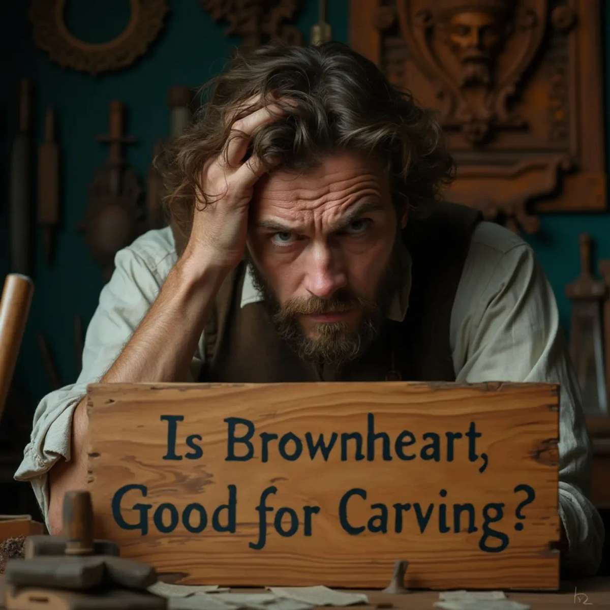 WOODCARVING LESSONS: Woodcarver Grabovetskiy, a man with a beard, holds a sign that says "What wood is the best for carving?" He looks thoughtful. Carving tools are on the table in front of him. - Wood Carving tutorials