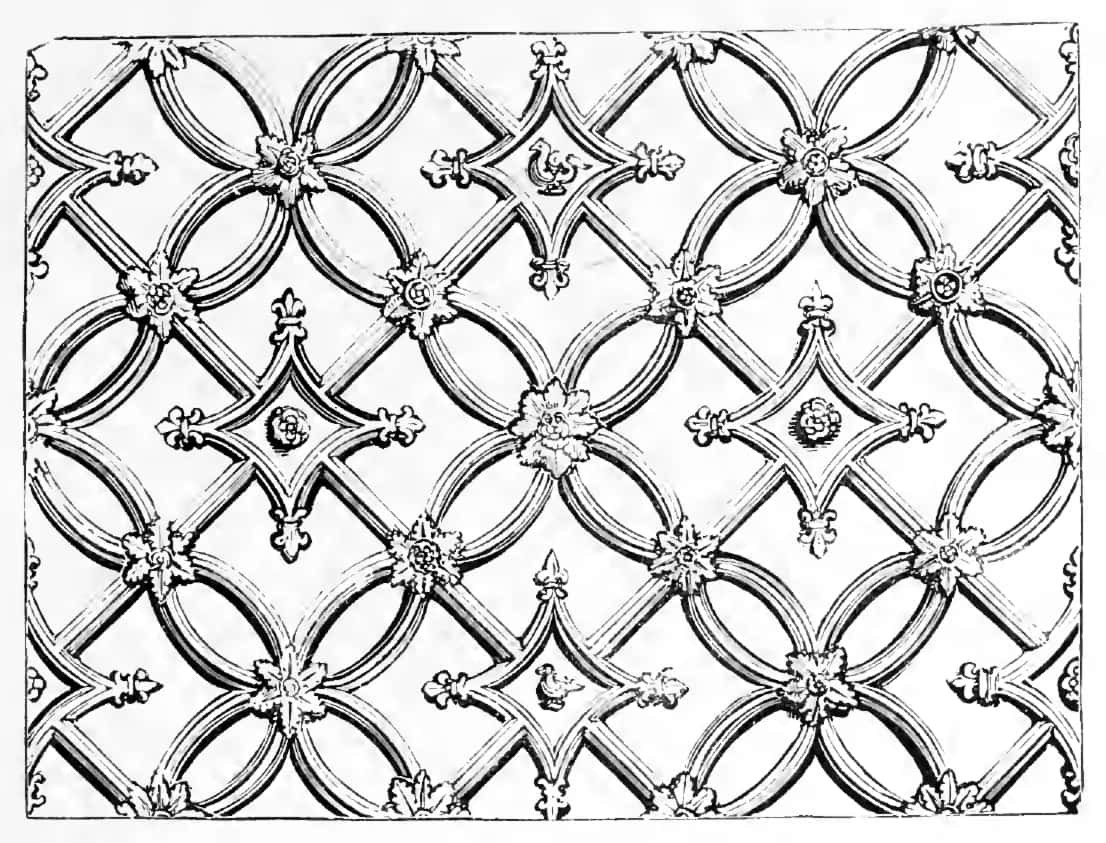 Elizabethan strapwork lattice, showing the flat planes Wornum contrasts with Louis Quatorze