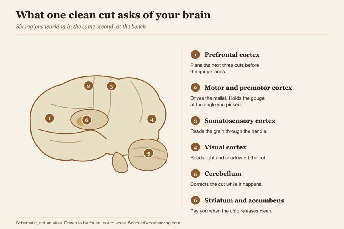 Diagram of six brain regions a wood carving session loads, from prefrontal cortex to nucleus accumbens