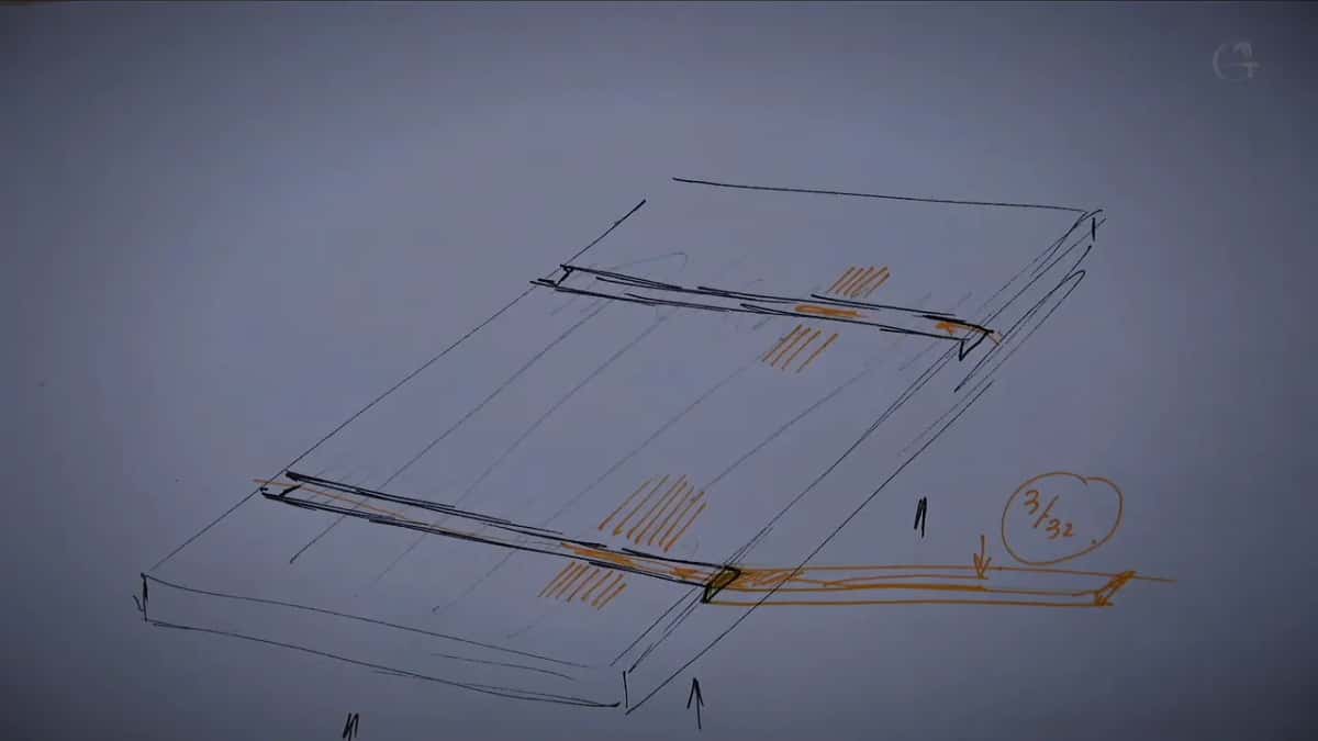A whiteboard sketch of a plank, grain lines running its length and orange arrows marking direction.