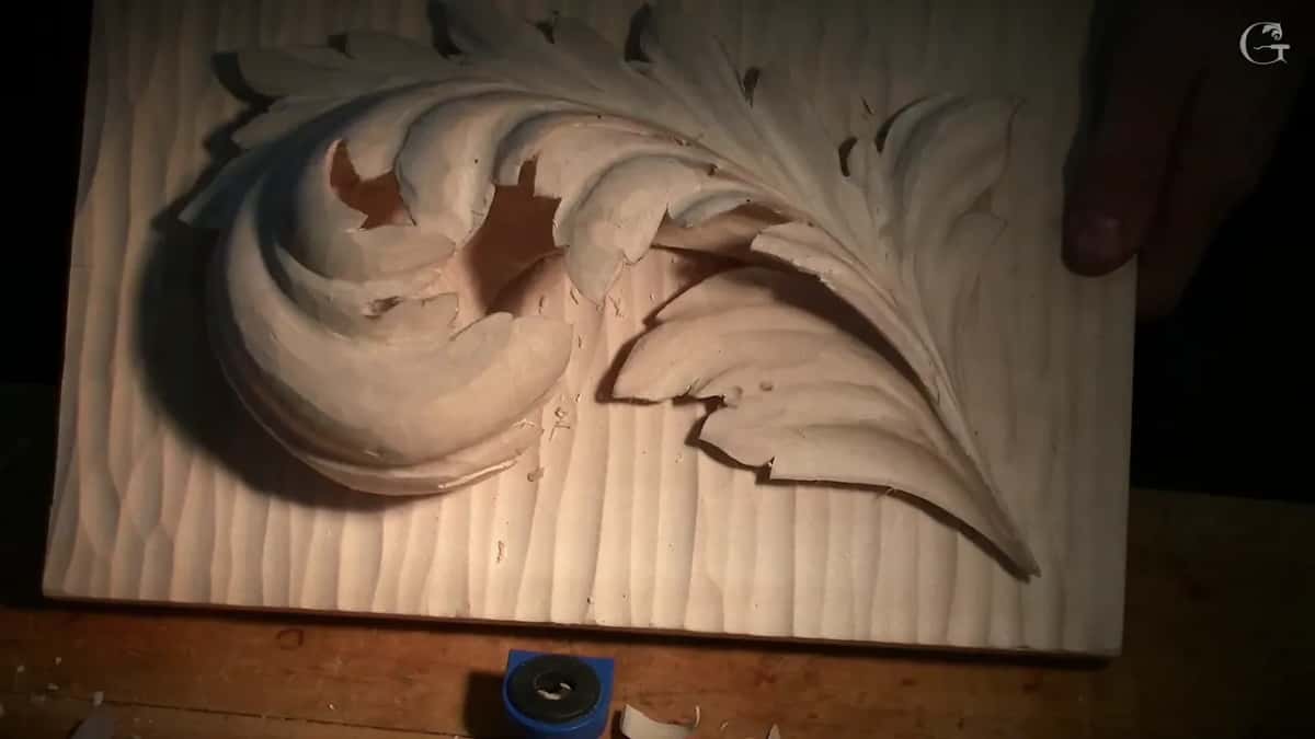 Finished Byzantine acanthus leaf, its eyes pierced right through to the ground behind