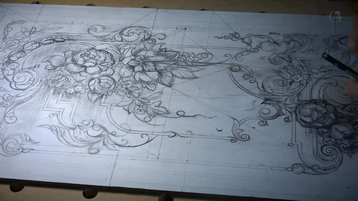 The finished pencil drawing covering a whole panel
