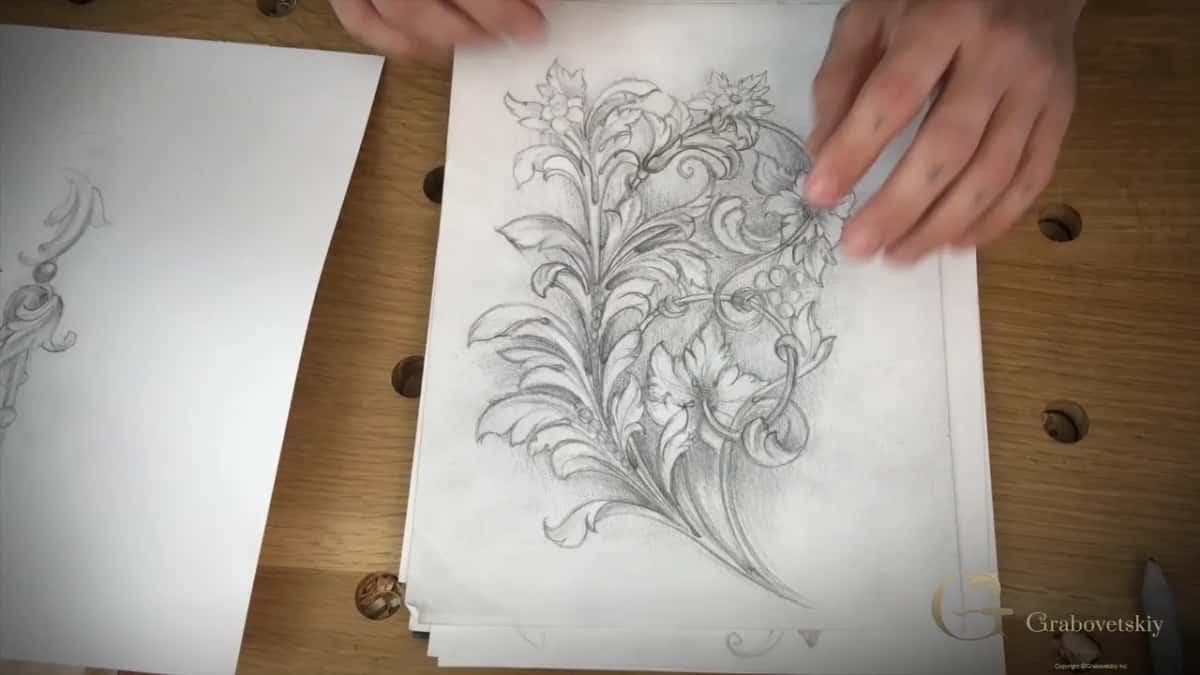 French acanthus drawing on the bench Detailed French acanthus drawing on white paper, one hand flat on the sheet and a pencil pointing down into the lobes