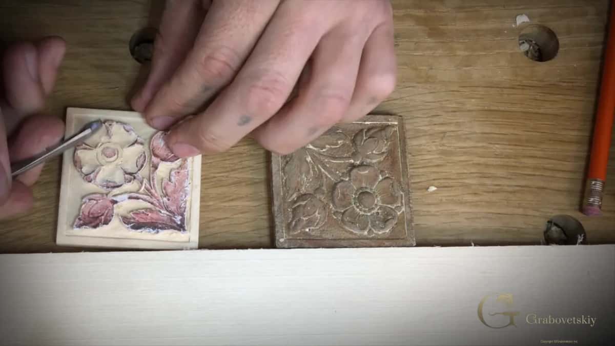 Copy beside the original Half carved rosette beside the darker original