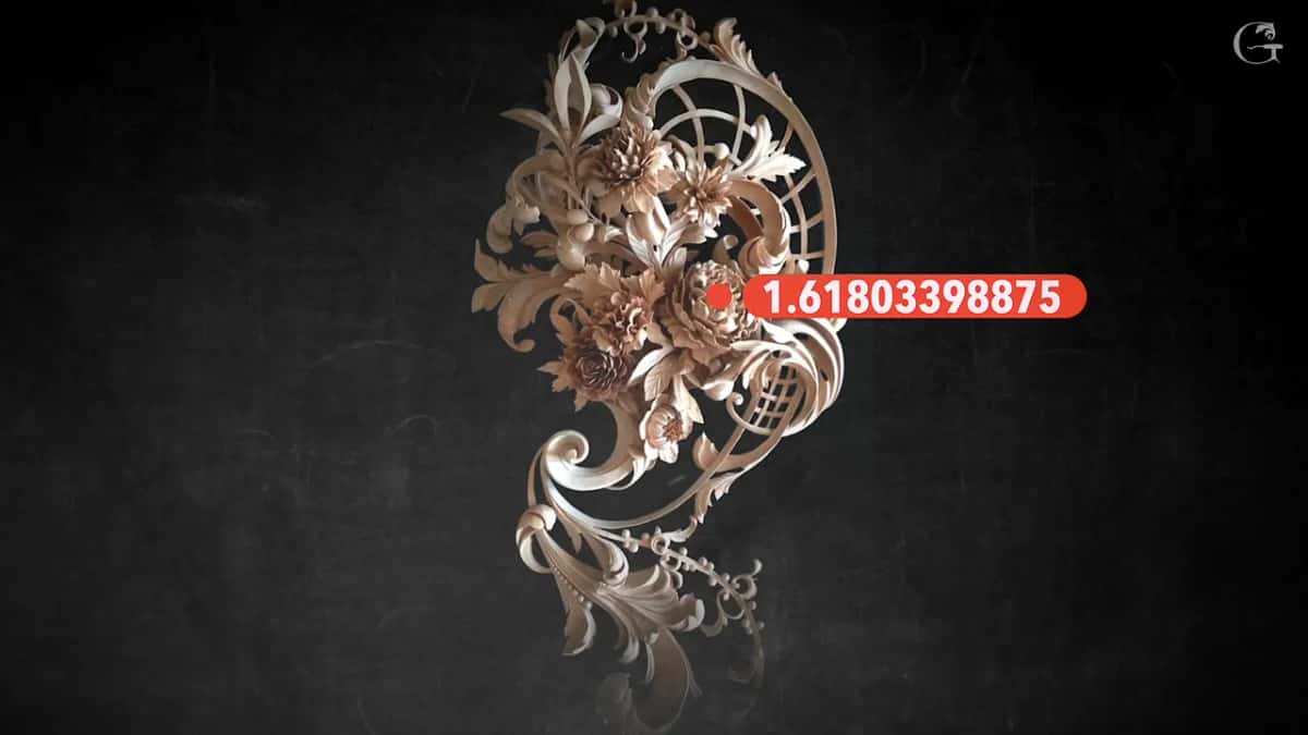 The golden number marked on a carved ornament A carved rococo ornament tagged in red with 1.61803398875, right where the scroll begins to tighten