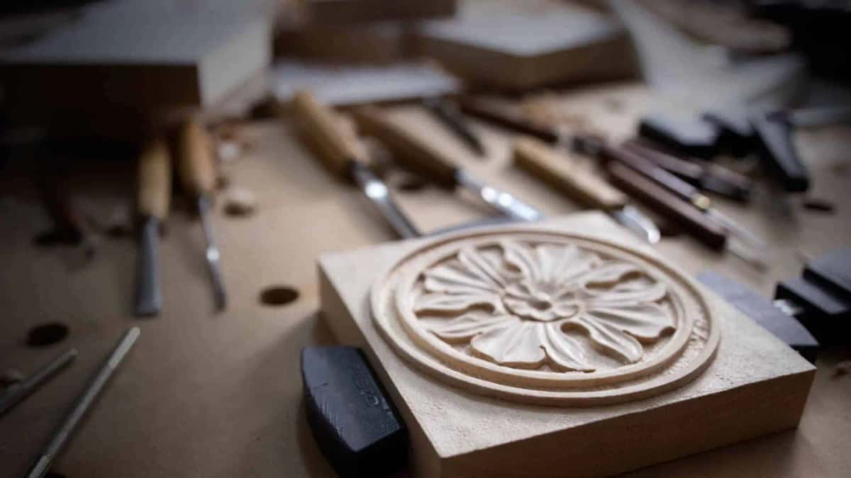 Finished antique style rosette in basswood, straight off the tools