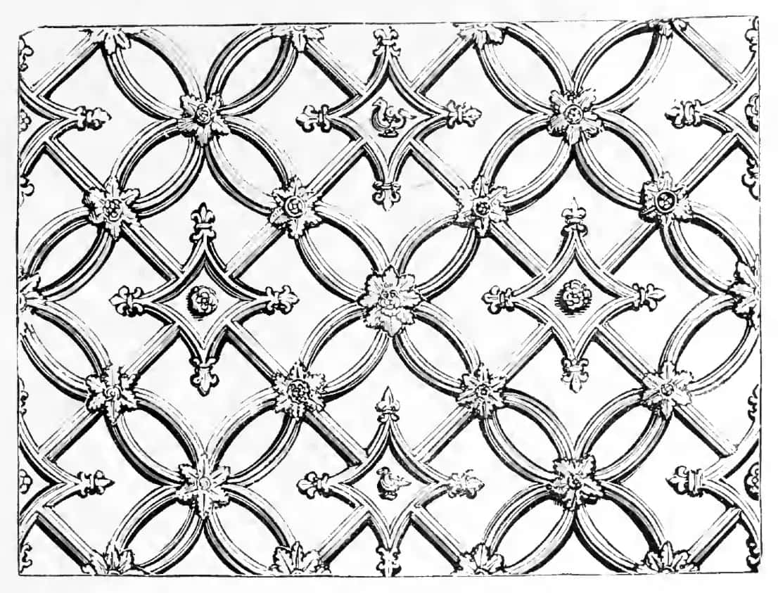 Period engraving of a carved lattice with a rosette at every crossing of the bands
