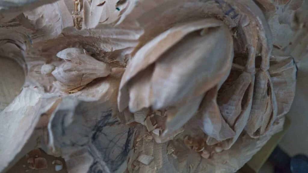 A gouge deep in Grinling Gibbons style foliage, filmed close enough to see the fibers part