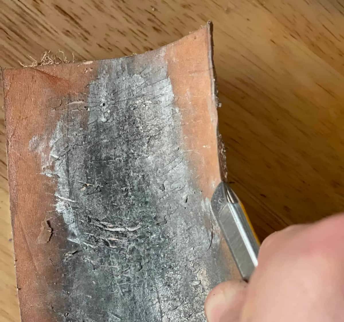 A V tool drawn backwards along a leather strop loaded with grey honing compound