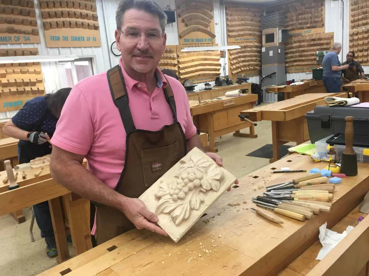 Pink shirt, apron, finished panel