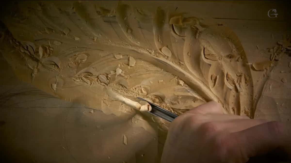 A curl of wood lifts off the gouge in the light