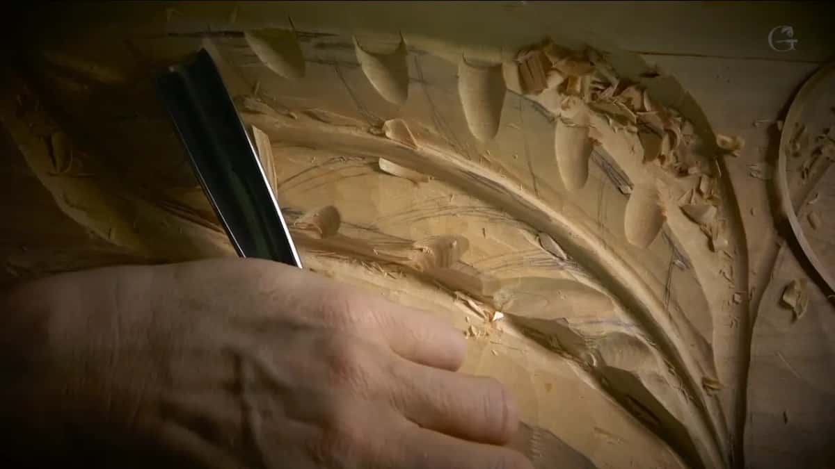 A hand steadies a wide gouge beside fluted leaves