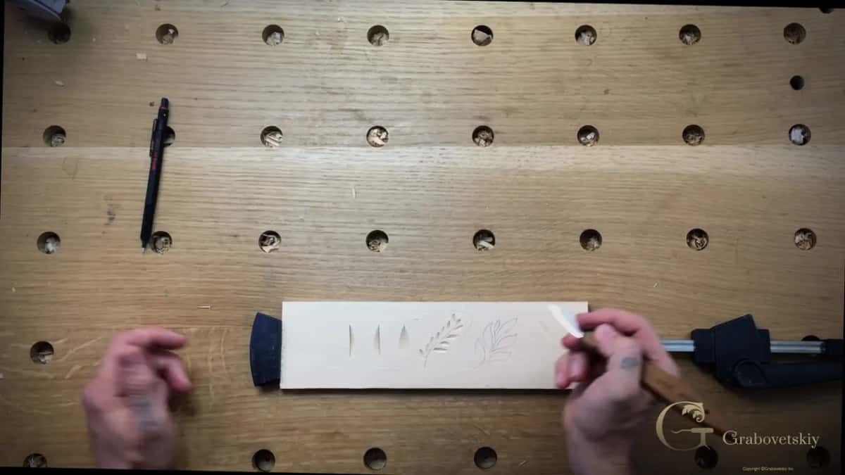 Overhead of the practice board, leaves drawn on
