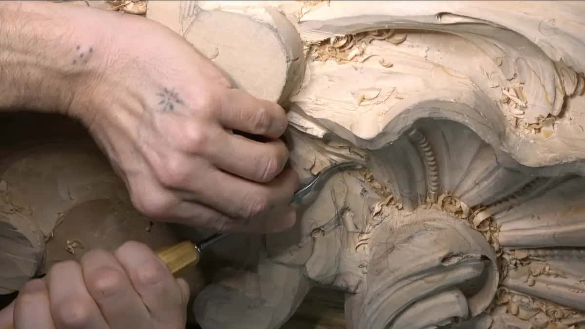 Beside the round disc, a bent gouge smooths the side of the leaf near the shell.