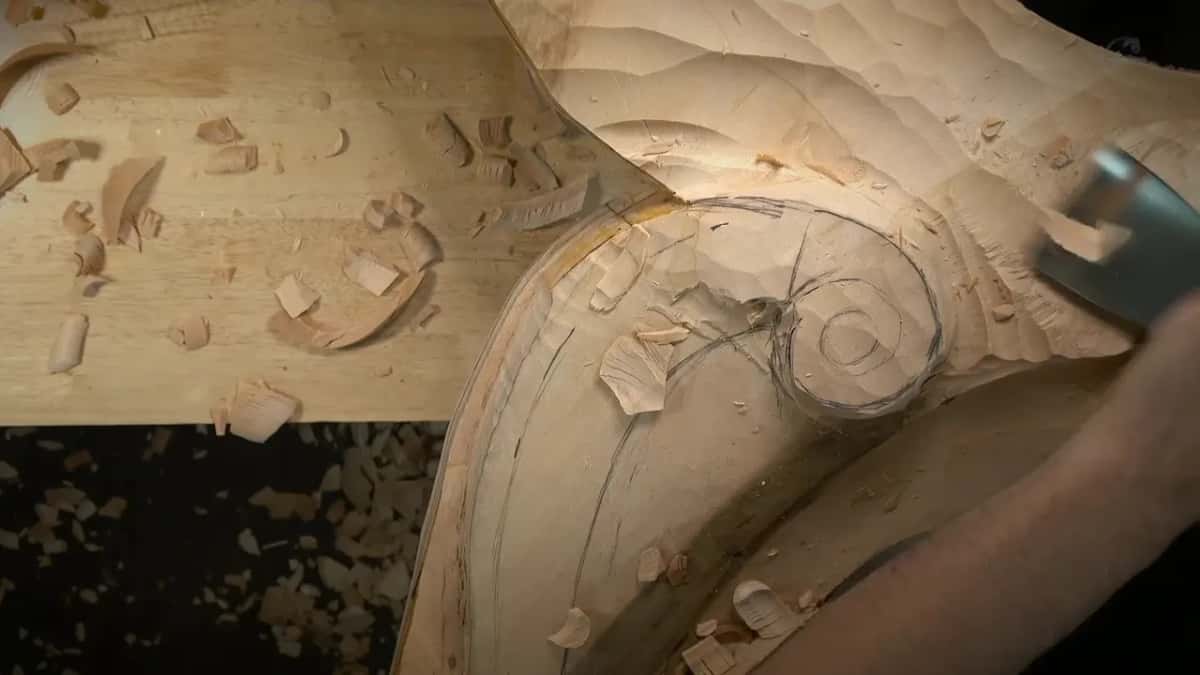 Top view of the volute, shavings everywhere, a big gouge working at the right