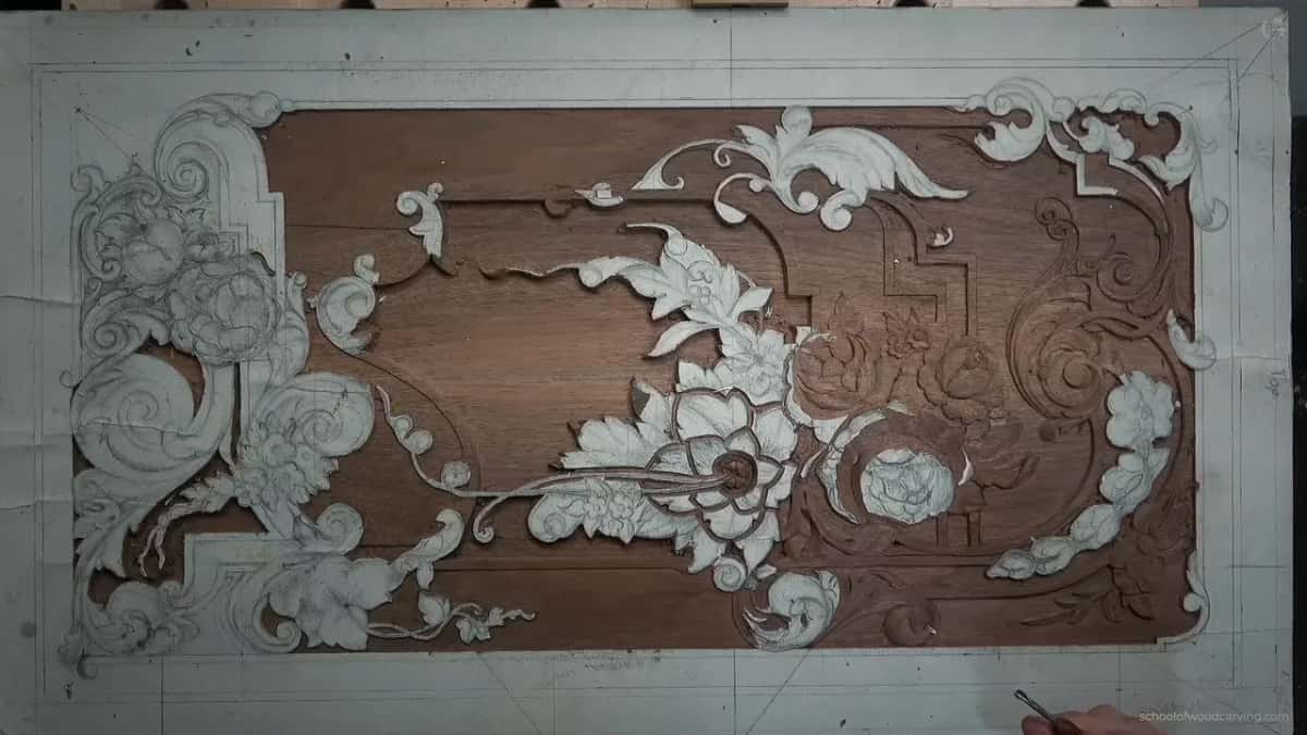 The full design from above, half of it chalked and half of it bare walnut still.