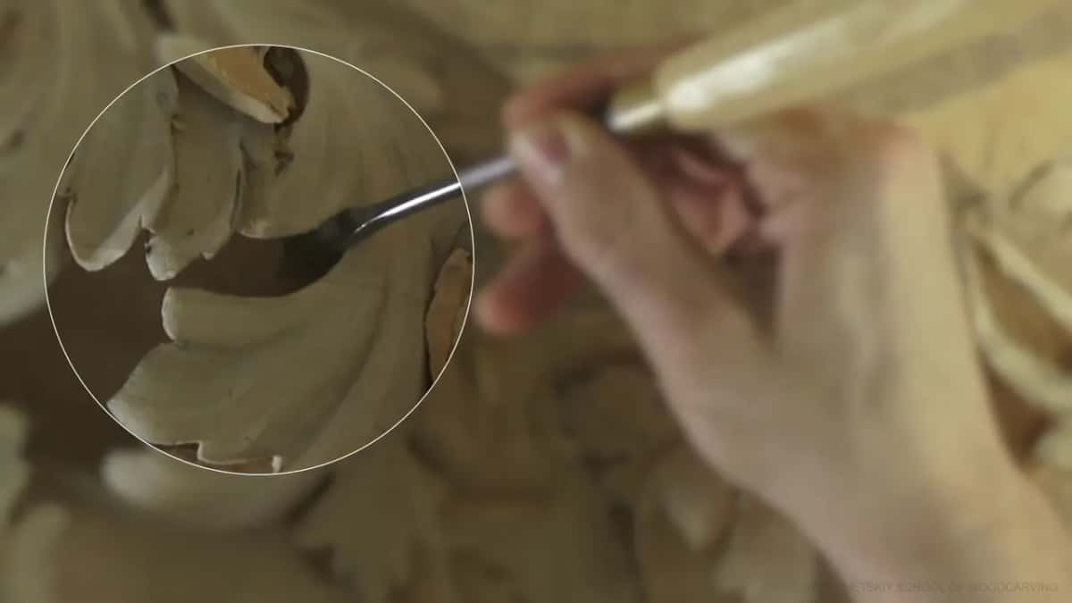Inset circle showing a fishtail turned inside an acanthus hole
