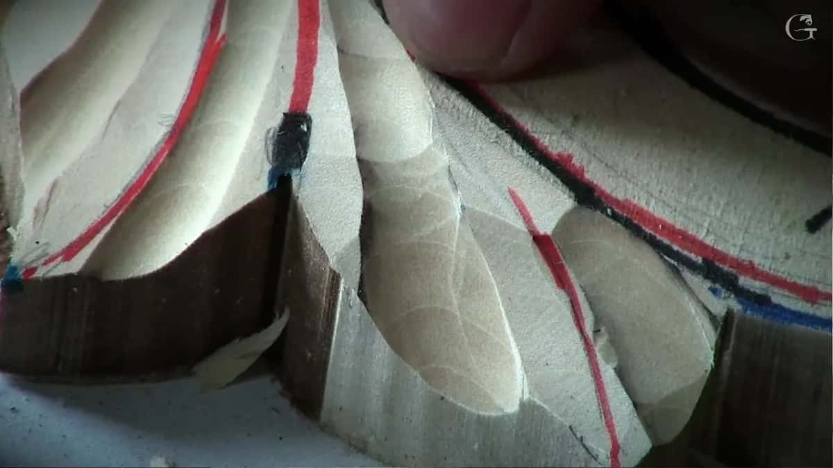 Leaves almost edge on, red lines running along their crests and hollows already between them