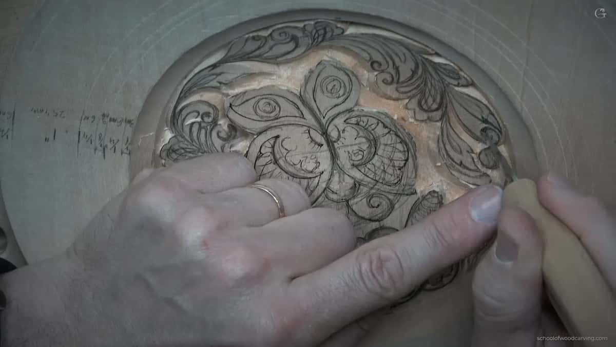 Left hand resting across the design