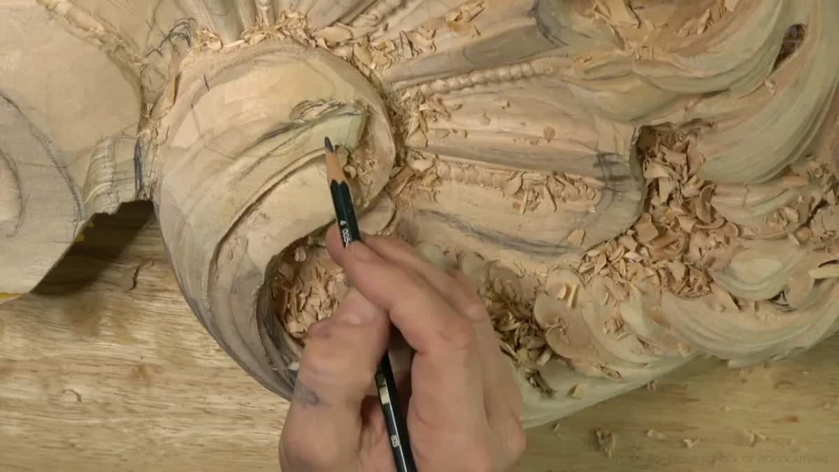 A sharpened pencil marks a spot inside the curl.