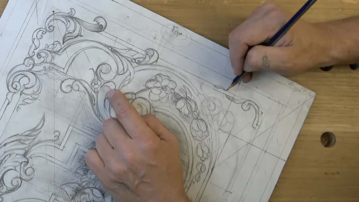 At the border corner, an acanthus drawn flipping inside out to soften the square