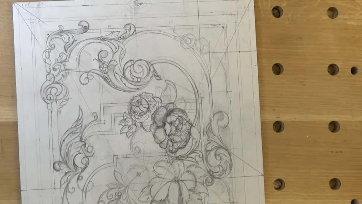 The whole drawing seen from above on the dog-holed workbench