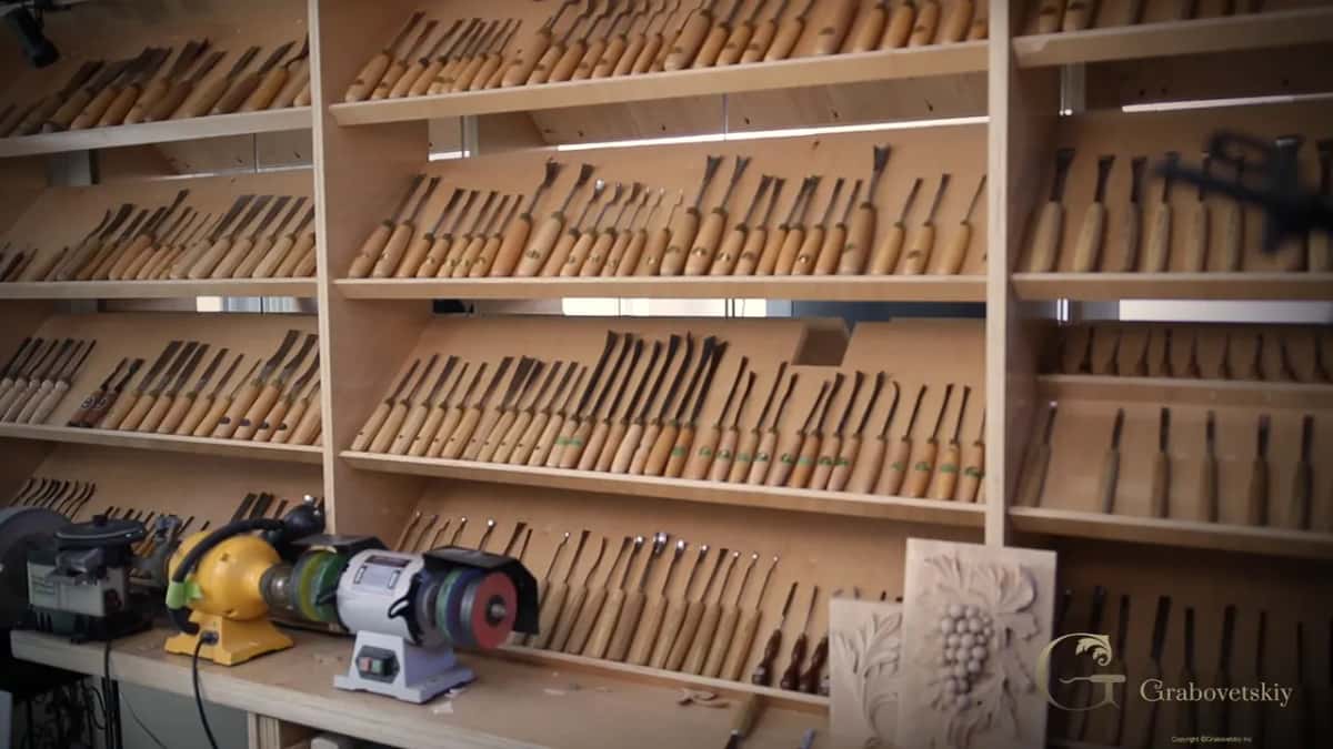 Rack of gouges behind the bench, most of them untouched for months.