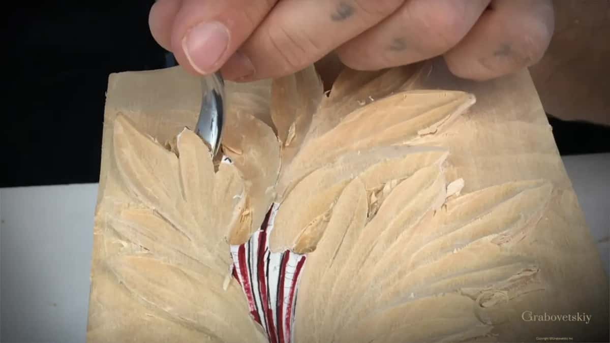Close in, a blade slid under one lobe with the red center lines still visible.