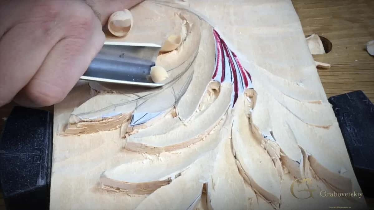 A gouge slices and the shaving curls away ahead of the edge.