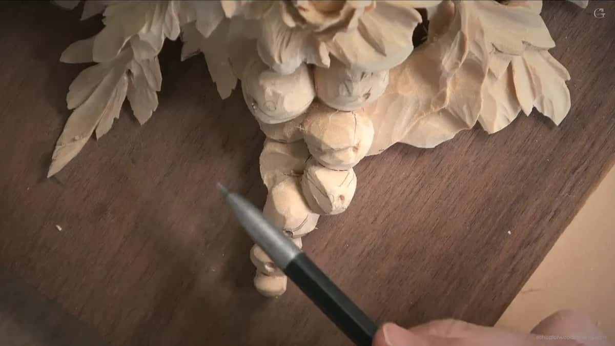 Pencil tip pointing at a column of round buds that runs down onto the walnut