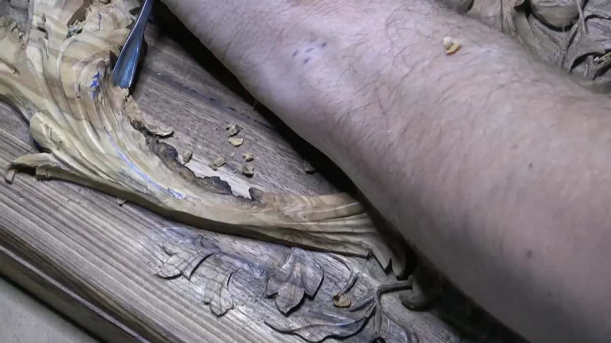Forearm across the lid as a gouge works the olive sweep, a dark split running along its lower edge