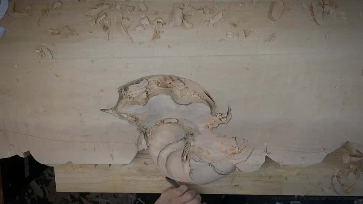 Overhead, the shell and the lobed claw look rounder now, and a gouge works along the lower edge