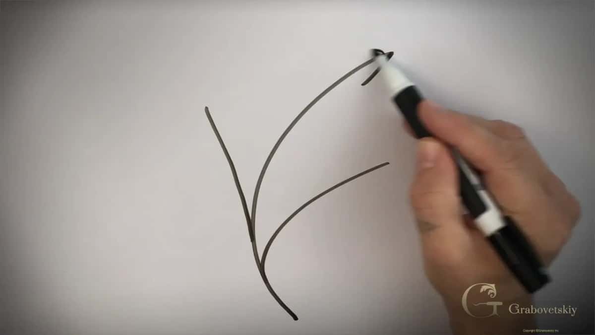 Black marker drawing three lines that rise from one base
