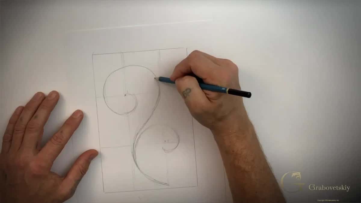 Spiral at the top and an S line running down to a second curl