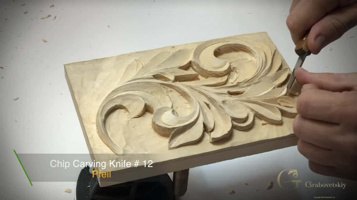 Knife at the top right leaf, the card on screen reading Chip Carving Knife # 12
