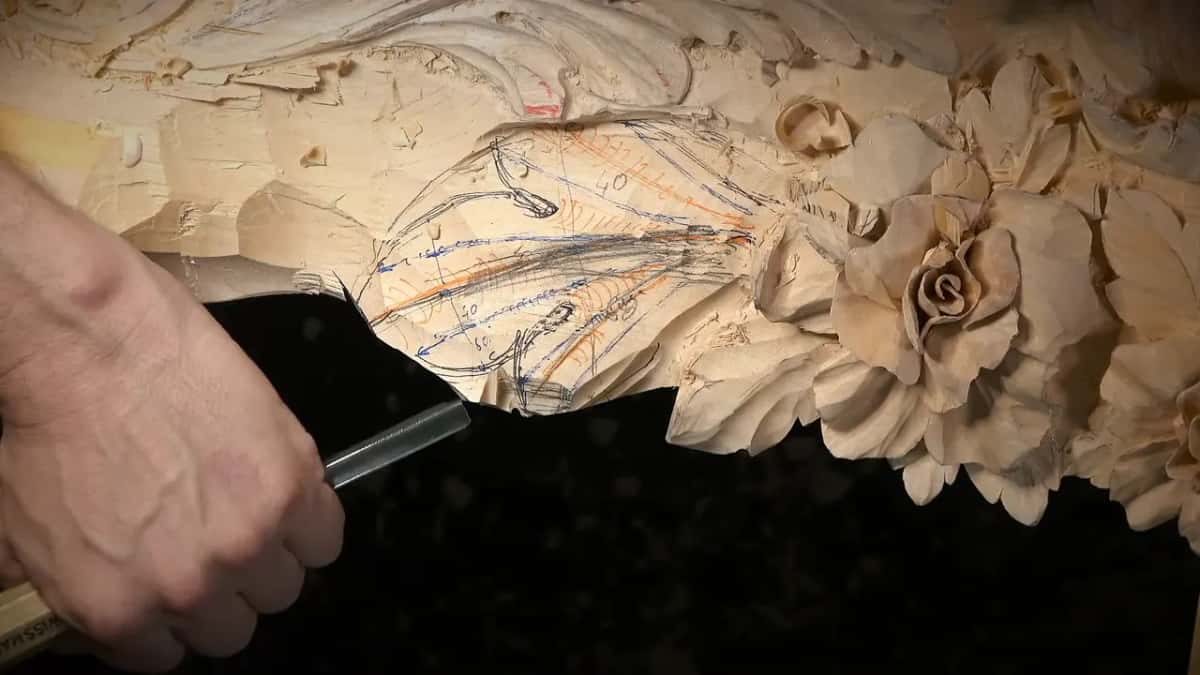 Blue and orange lines drawn over a rough leaf