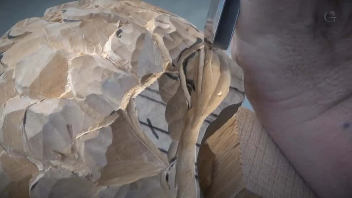 Marker lines still legible on the scalloped face, a gouge entering from the right, chips gathering under the vise.