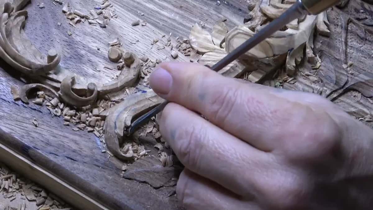 Long gouge reaching into the curl, a crack showing through the olive