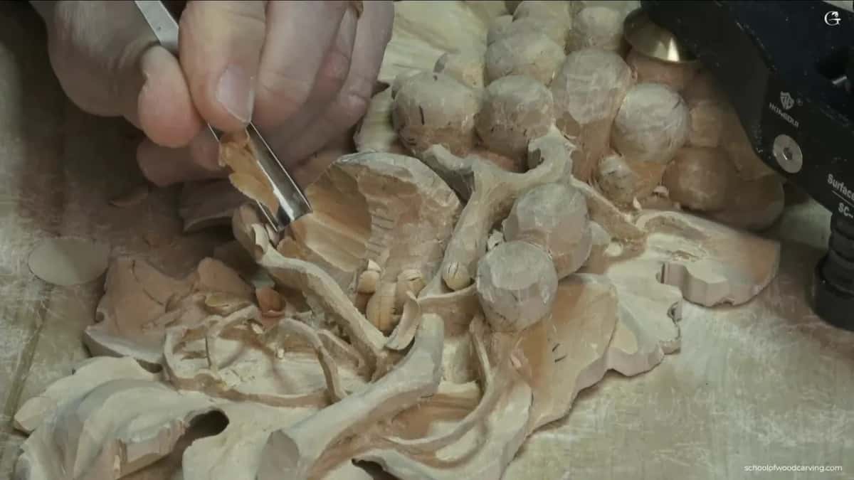 Thumb steadying a gouge as it takes a thin shaving off the underside of a curl