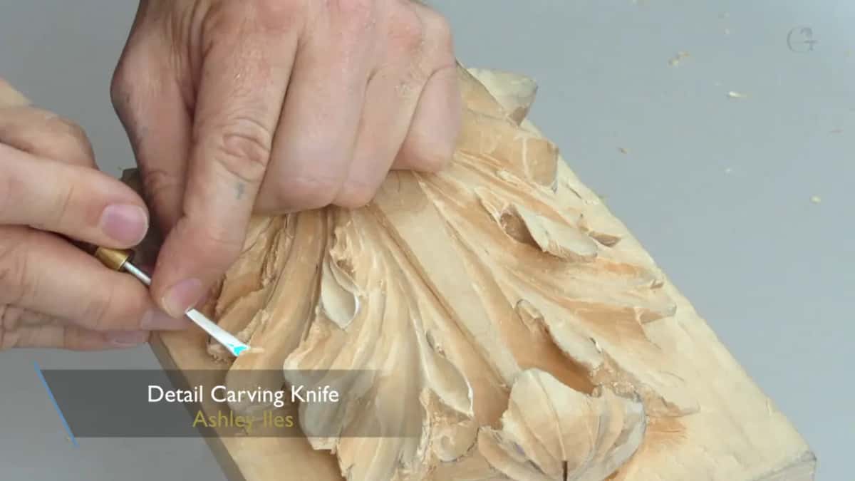 Caption on screen reads Detail Carving Knife, Ashley Iles, and a white handled blade sits against the leaf