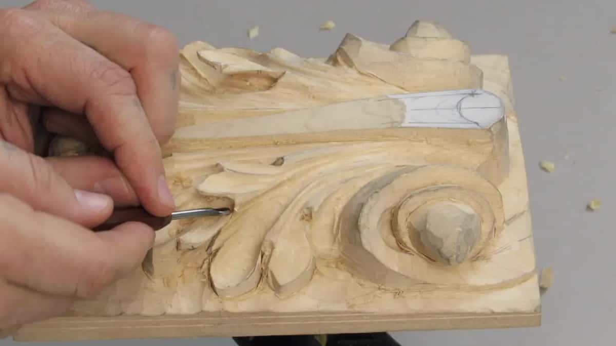 Small gouge up at the left of the carving, turning rather than pushing as it enters the eye