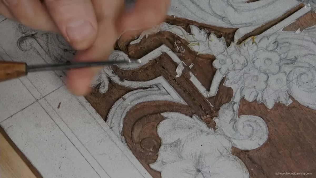 A gouge I broke and reground, still earning its living in one corner of this panel.