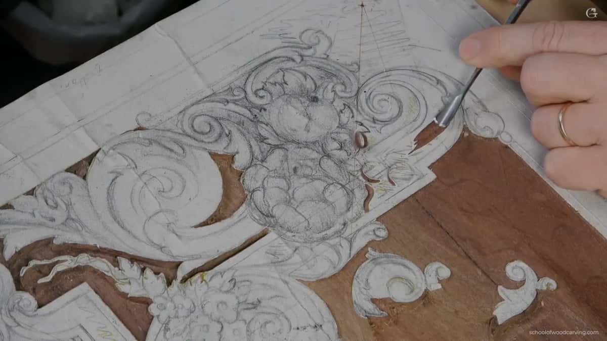 Graphite drawing still on the surface, a tool arriving from the top right.